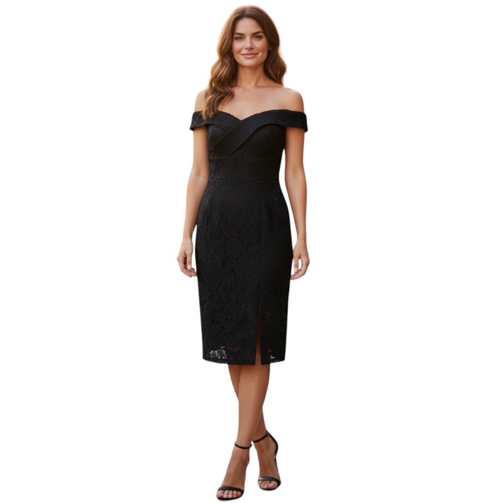 NEW Aiden Mattox Off-Shoulder Black Lace Midi Cocktail Dress Party Dress Size 6